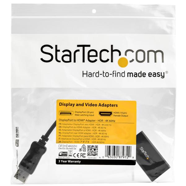 Displayport HDMI変換アダプタ StarTech.com DP2HD4K60H 4K 抜け防止機構付 ブラック HDR