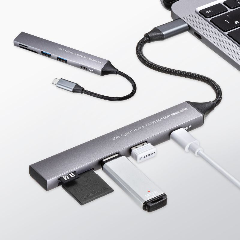 USB 5Gbps 3ポート スリム ハブ カードリーダー付き USB-5TCPC28GM