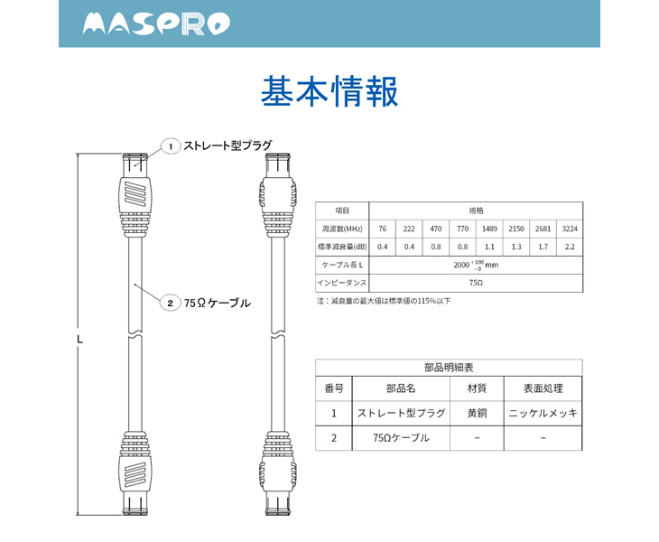 TV接続ケーブル2m(両端ストレート型プラグ付) JSS2W-PN マスプロ