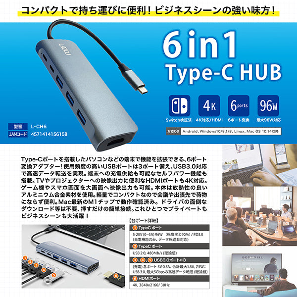 USBハブ 6ポート 電源不要 Lazos TypeC変換アダプタ 6in1 Lazos 4K HDMI