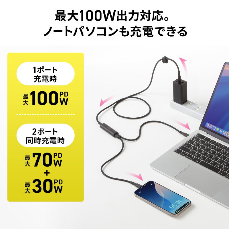 USB2.0Type-Cケーブル 1.2m KU-CCP100D12BK 2台同時充電＋通信・PD100W