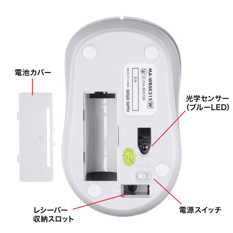抗菌 静音ワイヤレスブルーLEDマウス ホワイト MA-WBSK315W SANWA SUPPLY