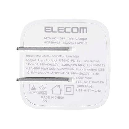 USB Power Delivery 45W AC充電器 ホワイト MPA-AC11045WH ELECOM