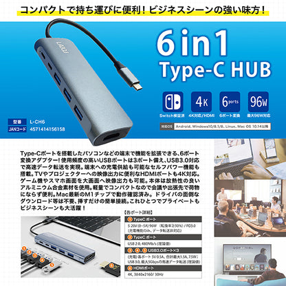 USBハブ 6ポート 電源不要 Lazos TypeC変換アダプタ 6in1 Lazos 4K HDMI